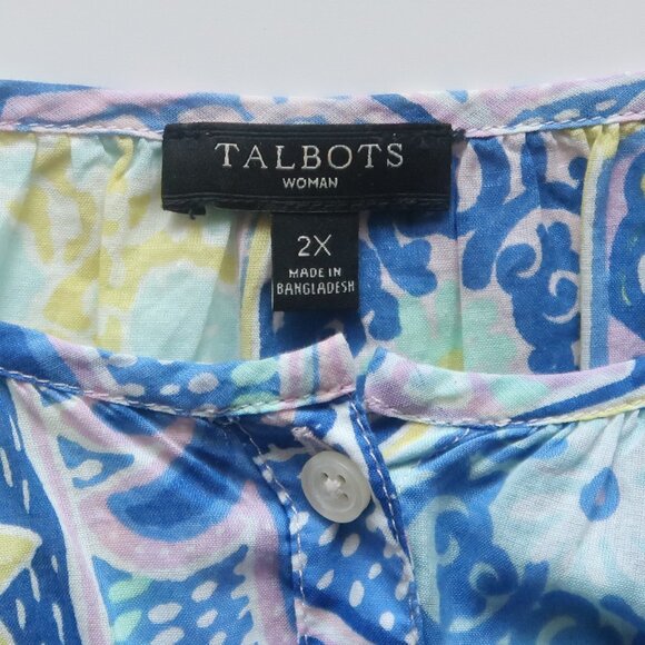 Talbots Blue Print Cotton Peasant Boho Blouse Top Floral Top Plus Size 2X Summer - Picture 6 of 9